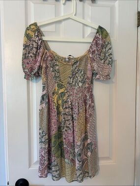 stradivarius médium Floral Patchwork Puff-Sleeve Dress in Pink, Green, Yellow